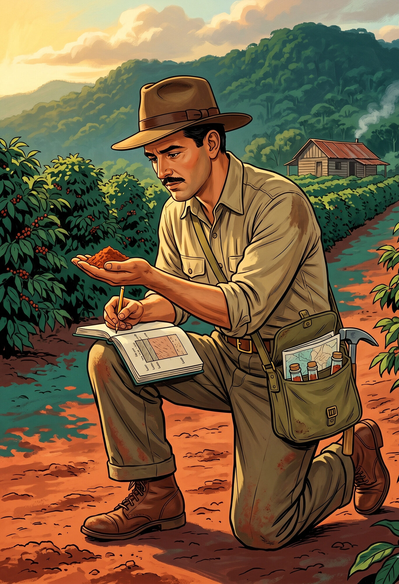 Illustration of César Dóndoli, Costa Rican geologist, kneeling in a Valle del General coffee plantation in 1943, cupping a handful of rust-red laterite soil while making notes in a field journal