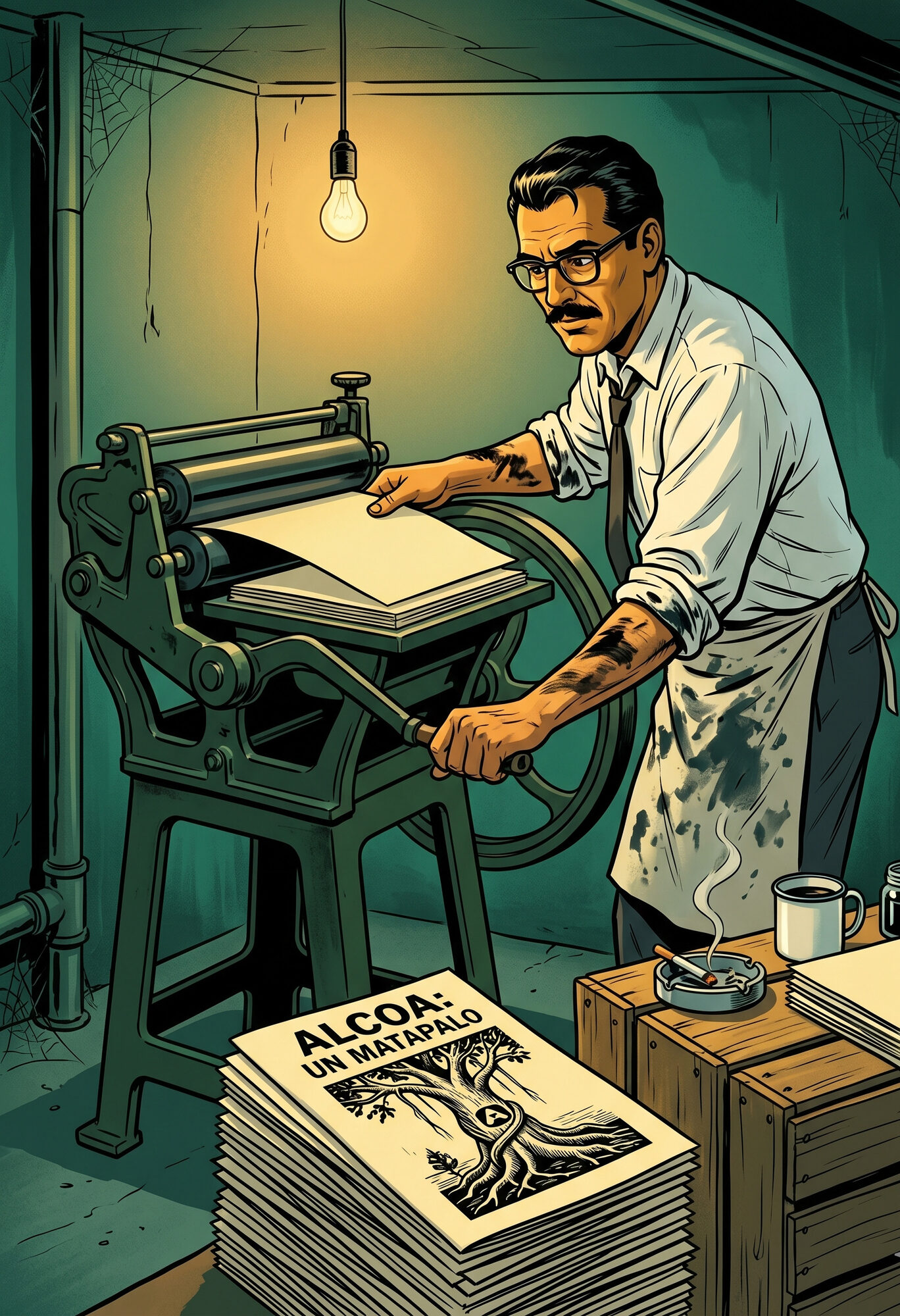 Illustration of Fernando Chaves Molina at a hand-crank printing press in a university basement, late 1969, running off stacks of the pamphlet 'ALCOA: Un Matapalo' under a single bare lightbulb