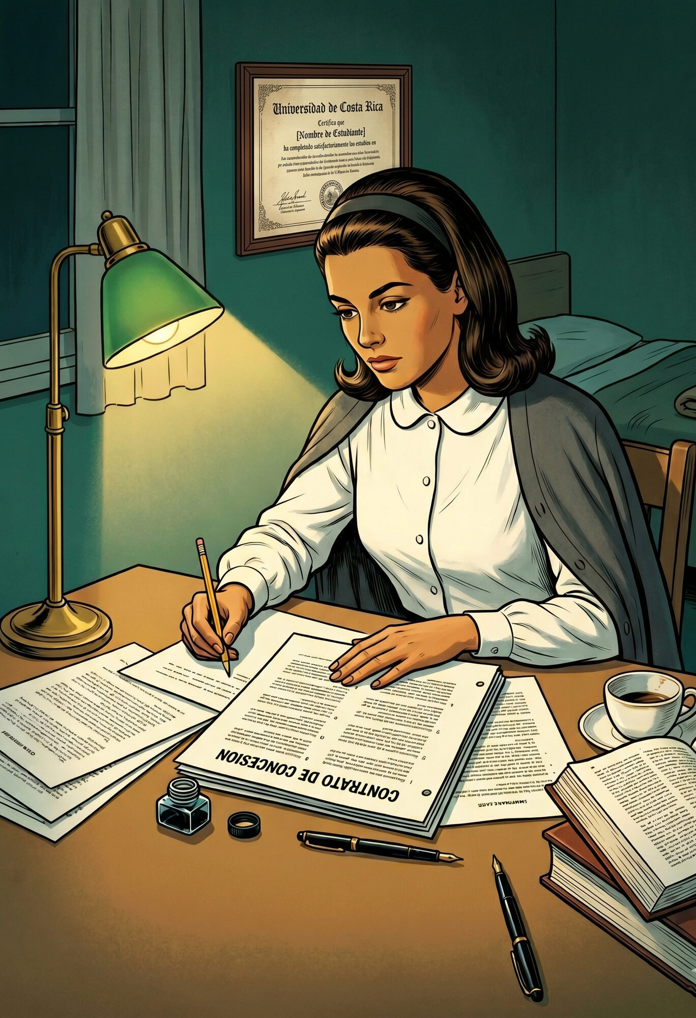 Illustration of Iris Navarrete Murillo at her desk in 1968, a 23-year-old UCR law student marking a clause in the ALCOA contract with a pencil, her notebook open beside her to a page headed '38 consideraciones'