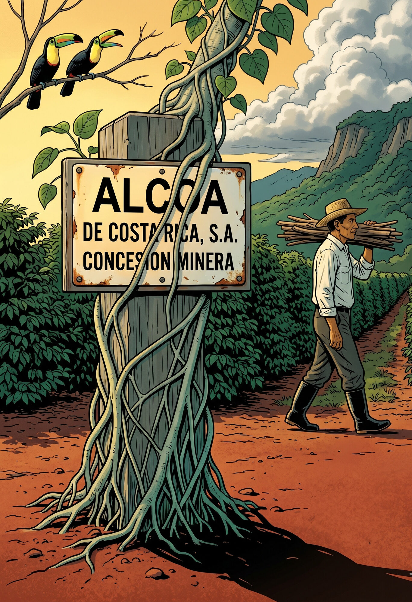 Illustration of an abandoned ALCOA de Costa Rica S.A. mining concession survey marker in the Valle del General, its enamel sign partially obscured by the aerial roots of a young strangler fig, a coffee farmer with a bundle of firewood walking past