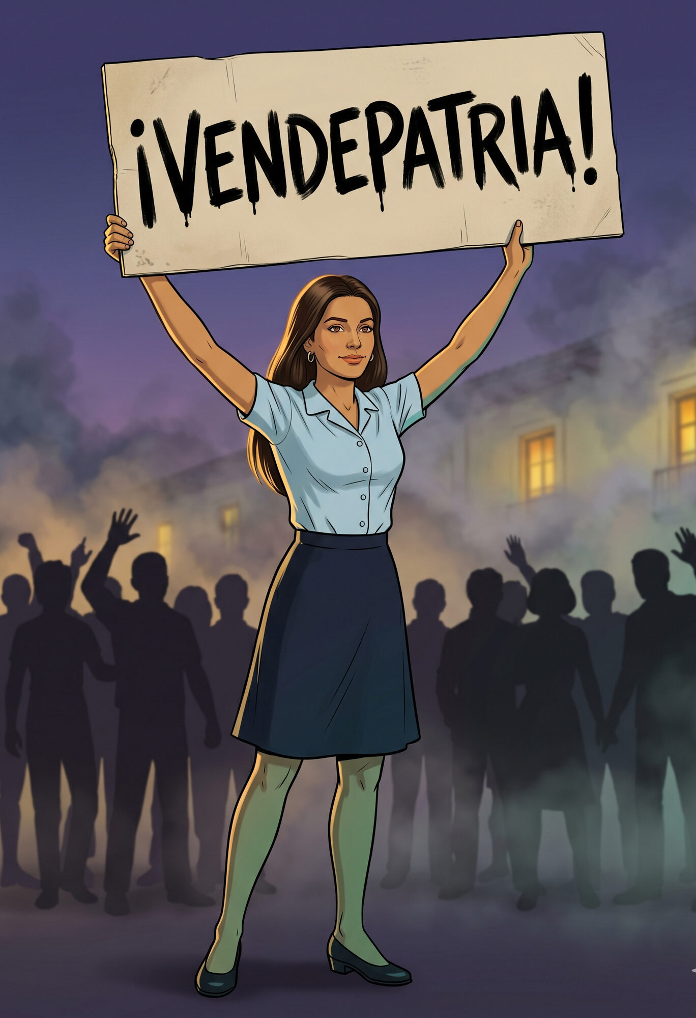 Illustration of a Costa Rican UCR university student in 1970, long dark hair, light blue button-down blouse and knee-length navy skirt, standing at dusk outside the Legislative Assembly with both arms raised holding a large cardboard placard that reads ¡VENDEPATRIA!, silhouetted crowd and tear gas haze behind her