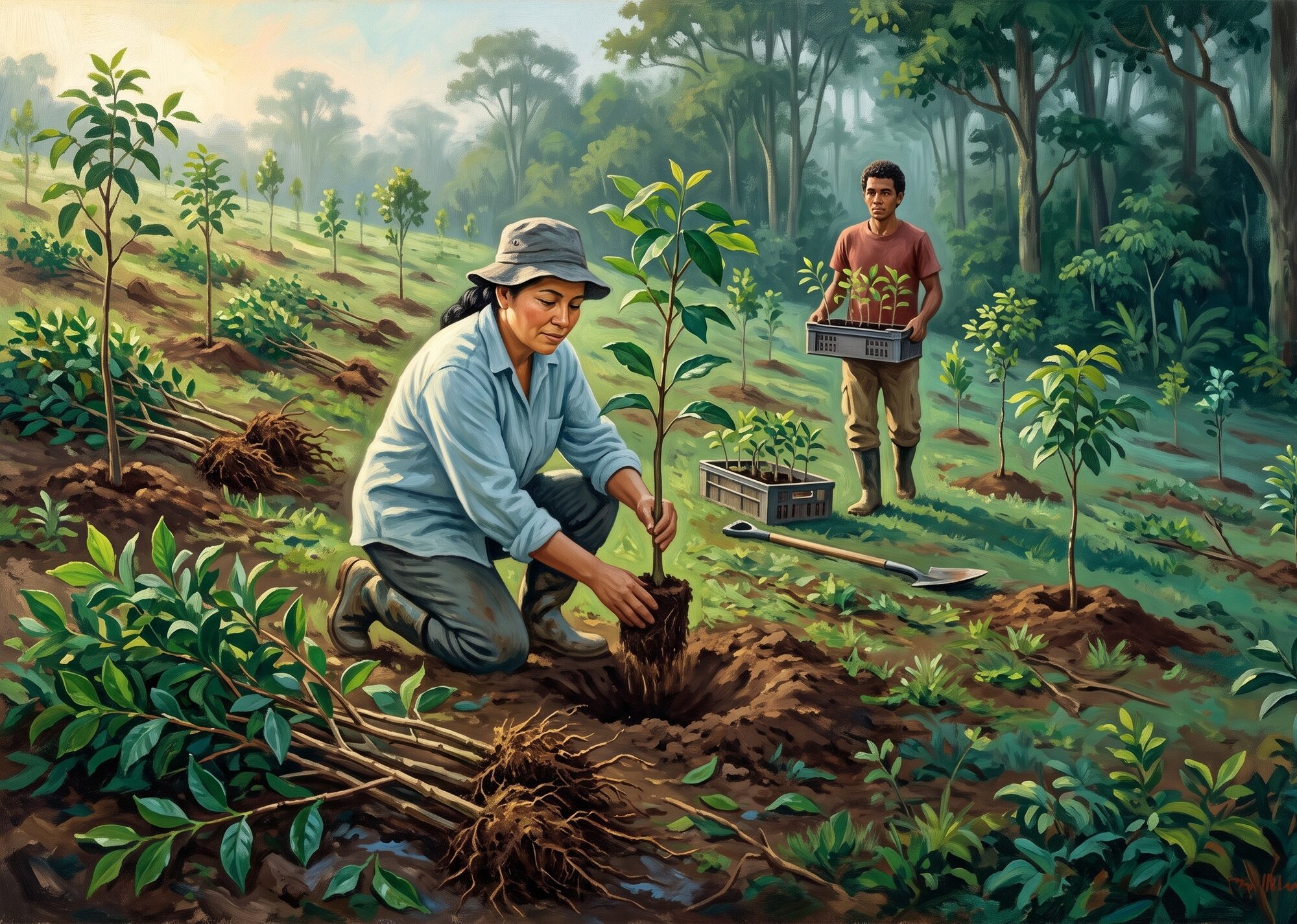 Oil-painted illustration of uprooted coffee shrubs being replaced with native tree seedlings