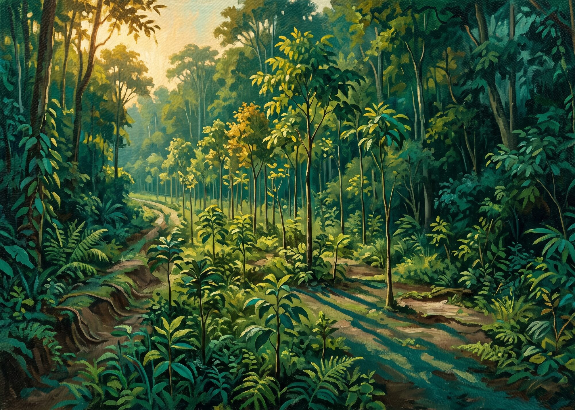 Oil-painted illustration of young trees planted across the full width of a former forest road