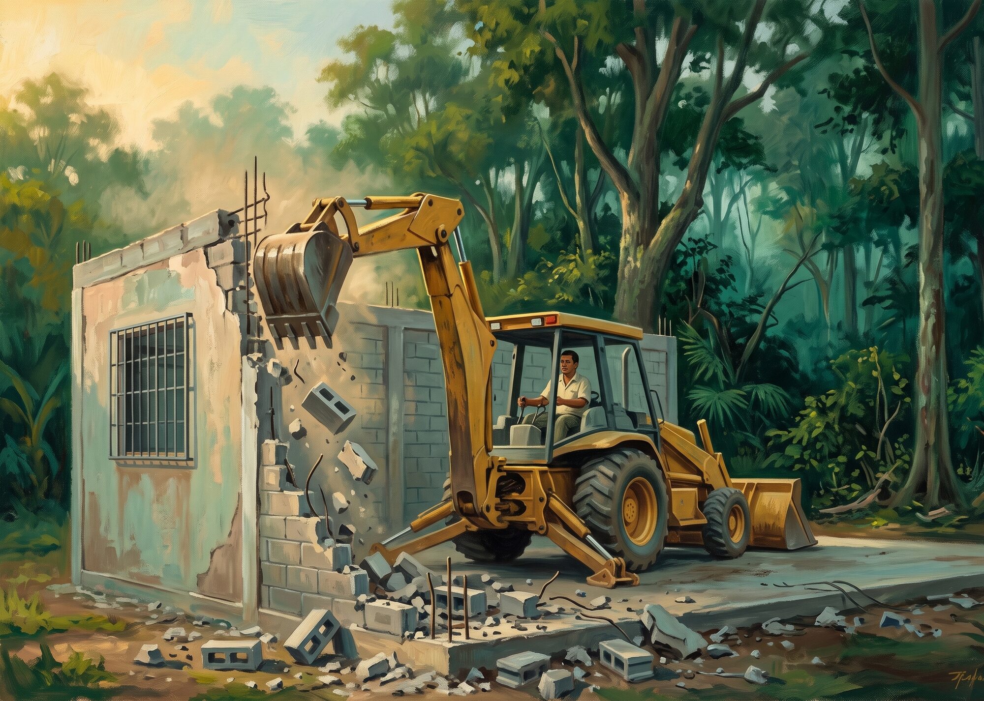 Oil-painted illustration of a concrete-block house being mechanically demolished beside forest