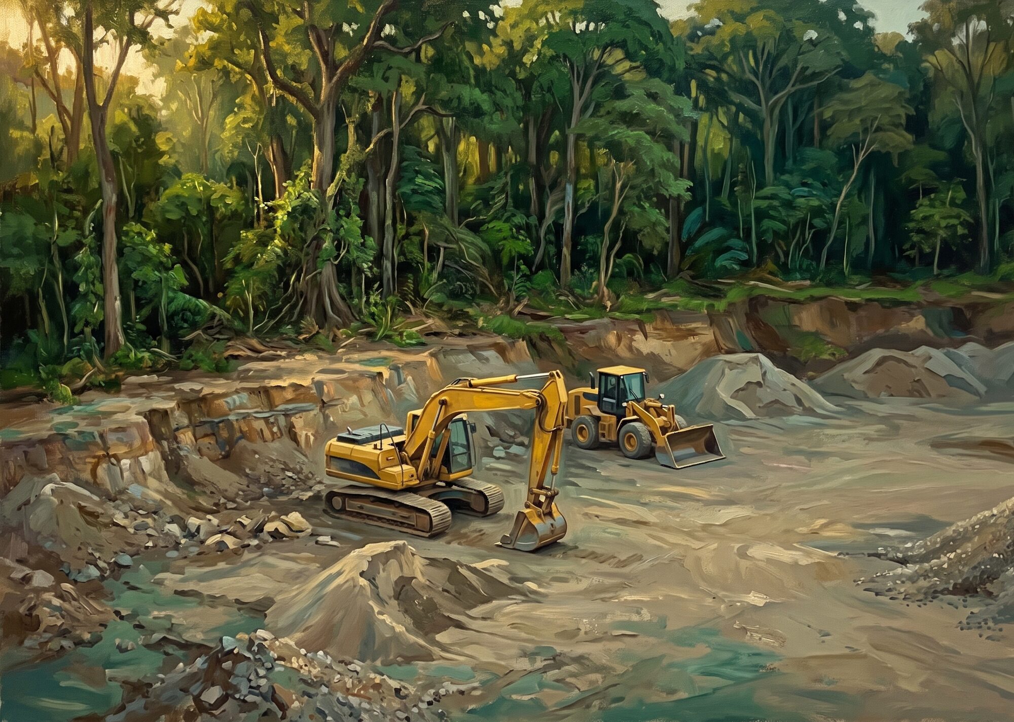 Oil-painted illustration of idle quarry machinery stopped before an intact forest boundary