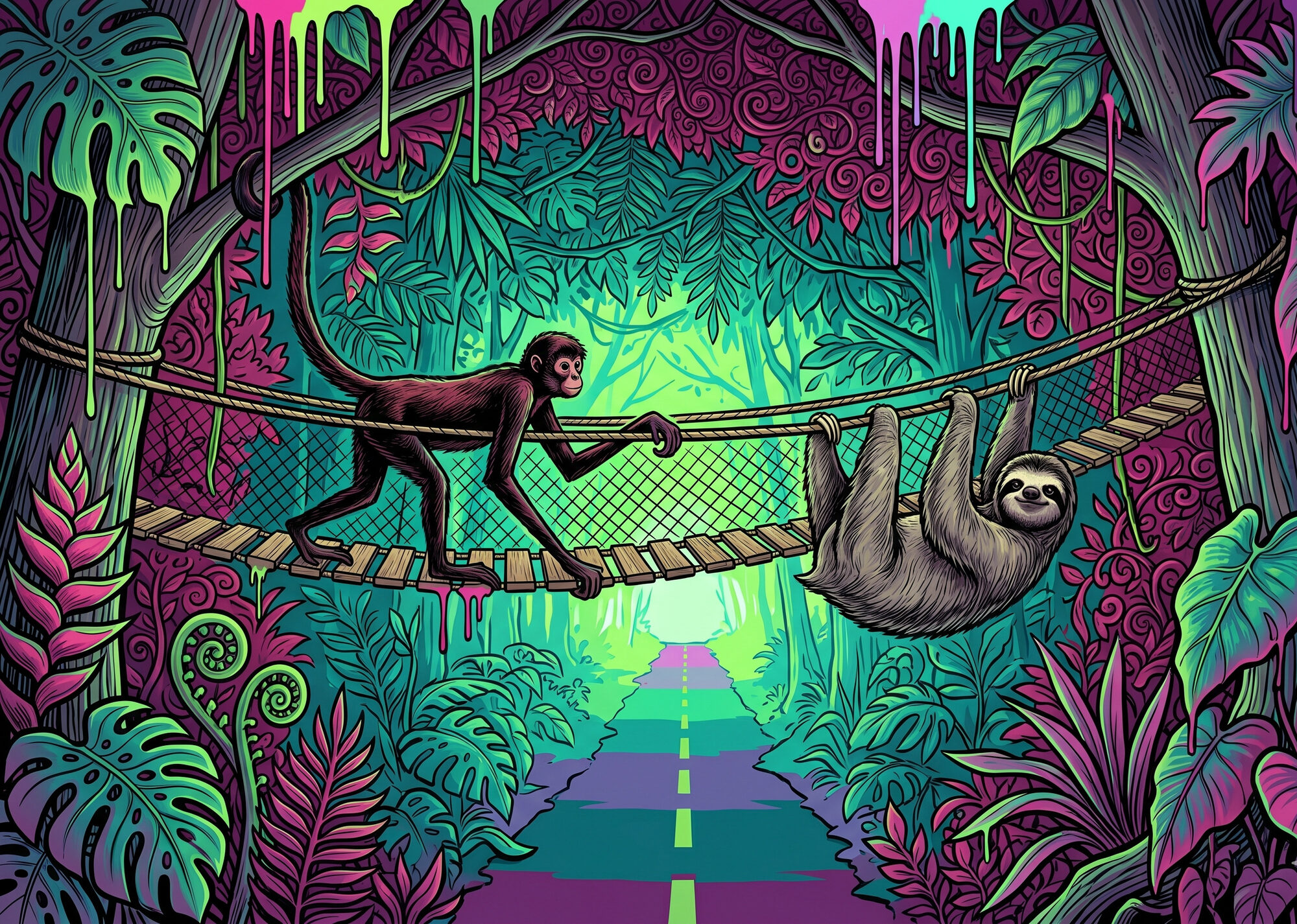 A spider monkey and a sloth cross a rope canopy bridge strung over a forest road, the canopy reconnected overhead