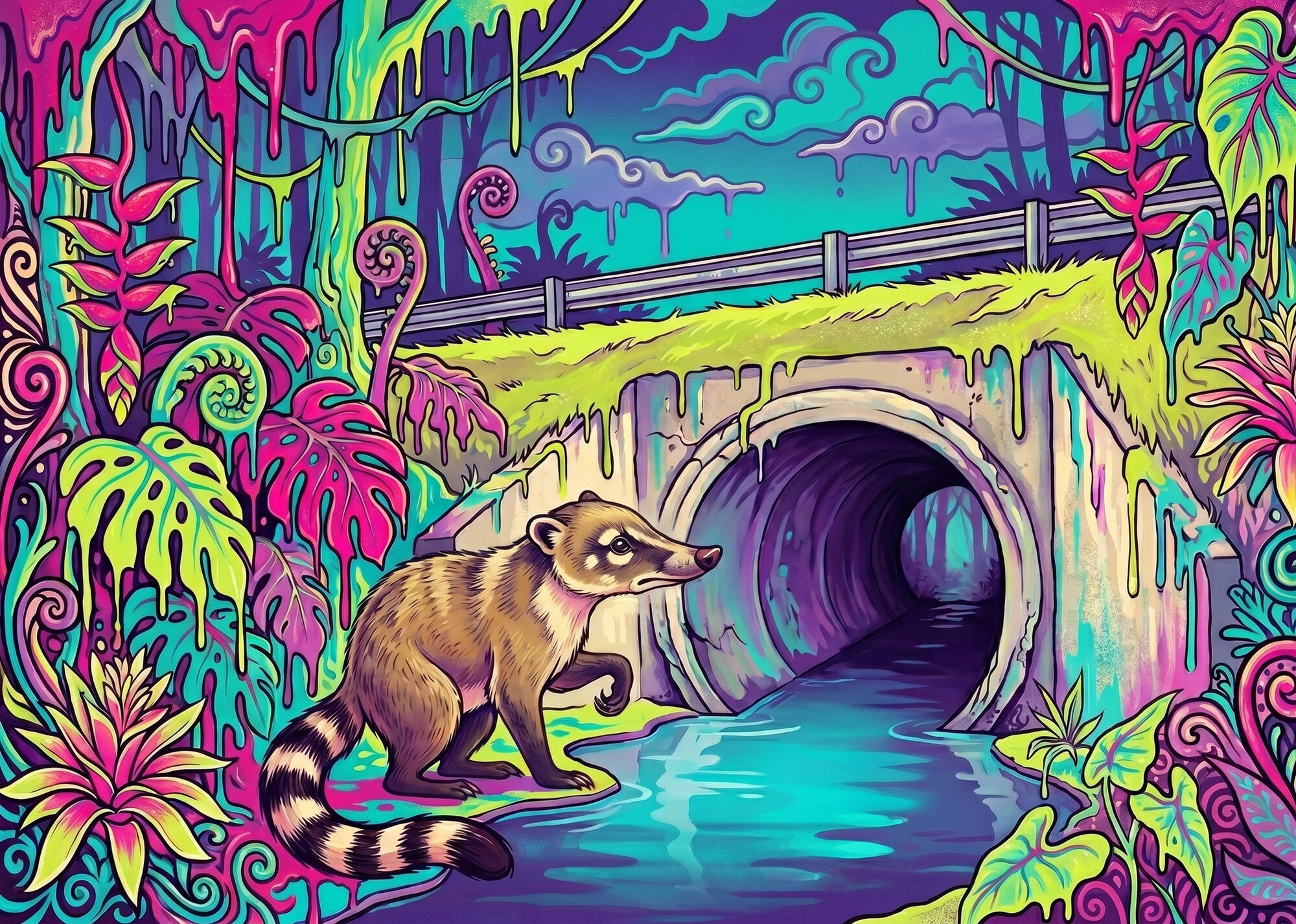 A coati recoils at the flooded mouth of a concrete drainage culvert beneath a road, refusing to step into the water