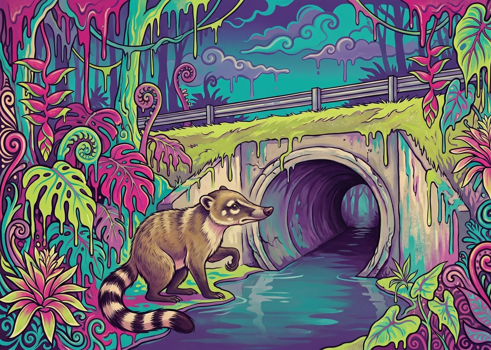 A coati recoils at the flooded mouth of a concrete drainage culvert beneath a road, refusing to step into the water