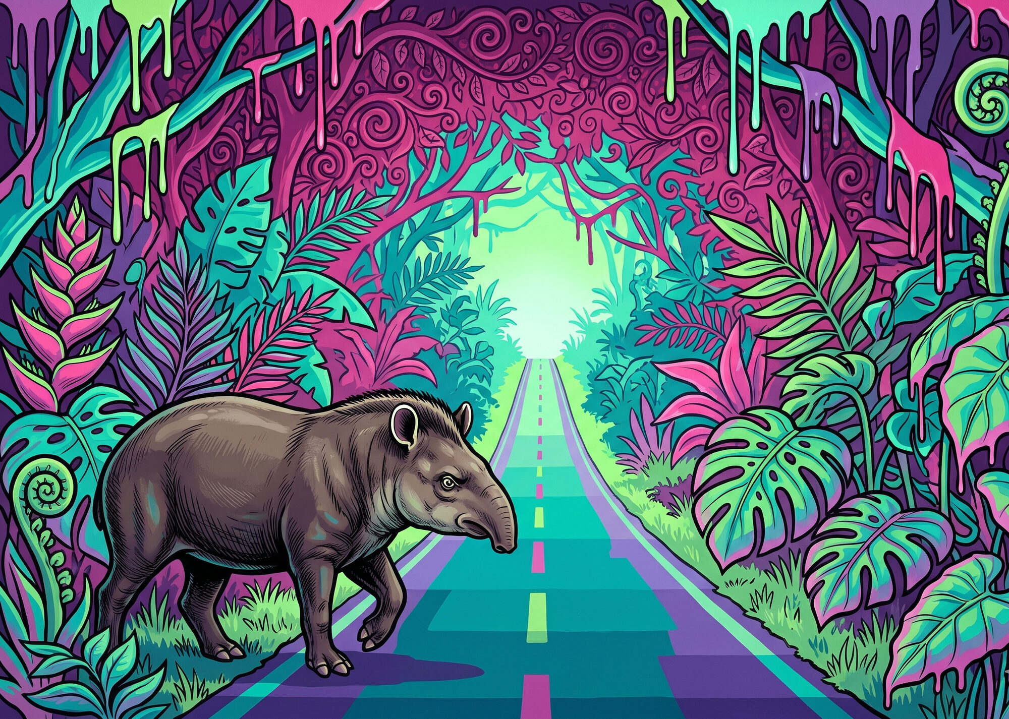 A Baird's tapir steps out of the forest onto a two-lane highway that cuts through dense jungle