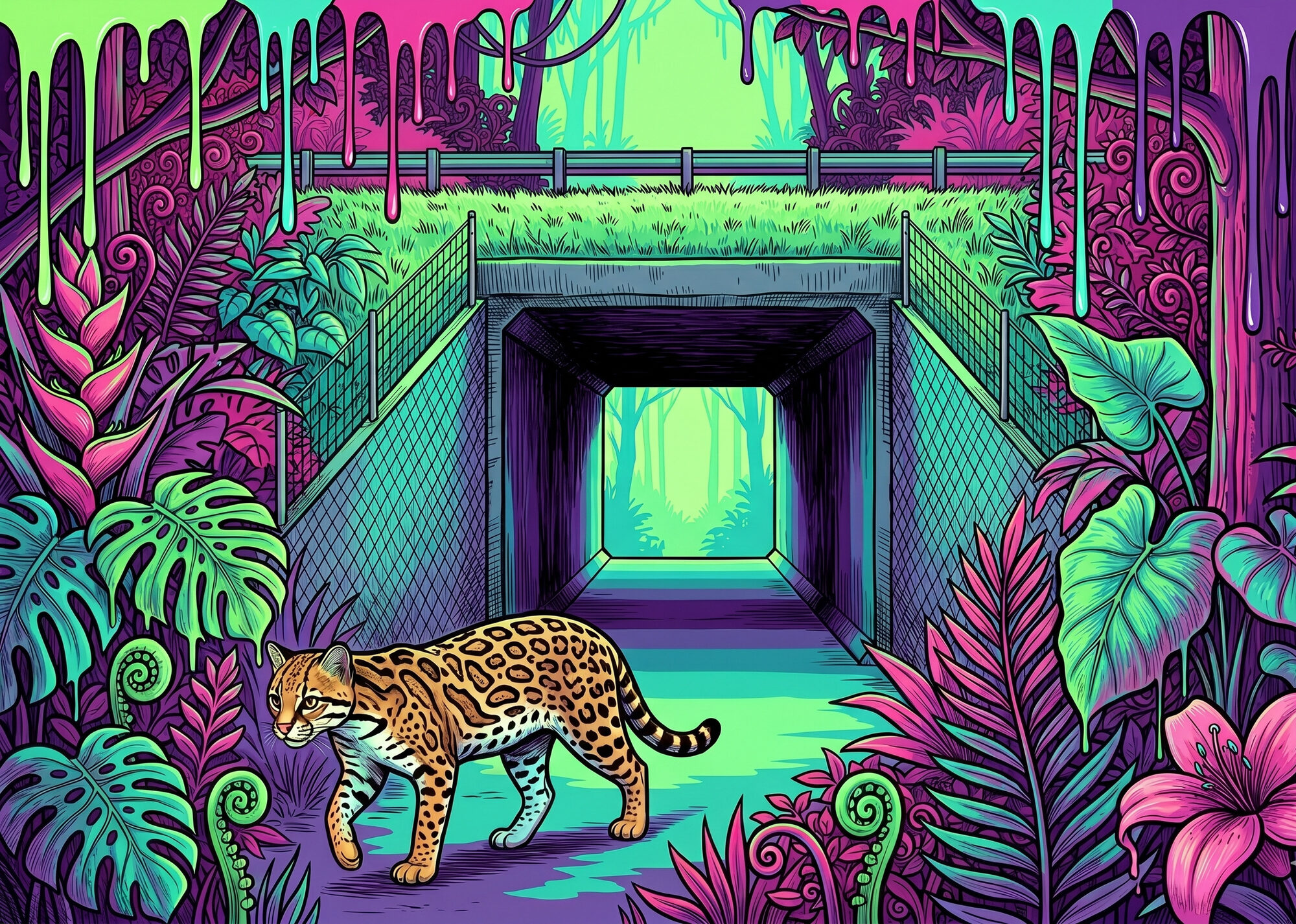 An ocelot walks out of a dry concrete wildlife underpass beneath a highway, wire fencing funneling it toward the tunnel