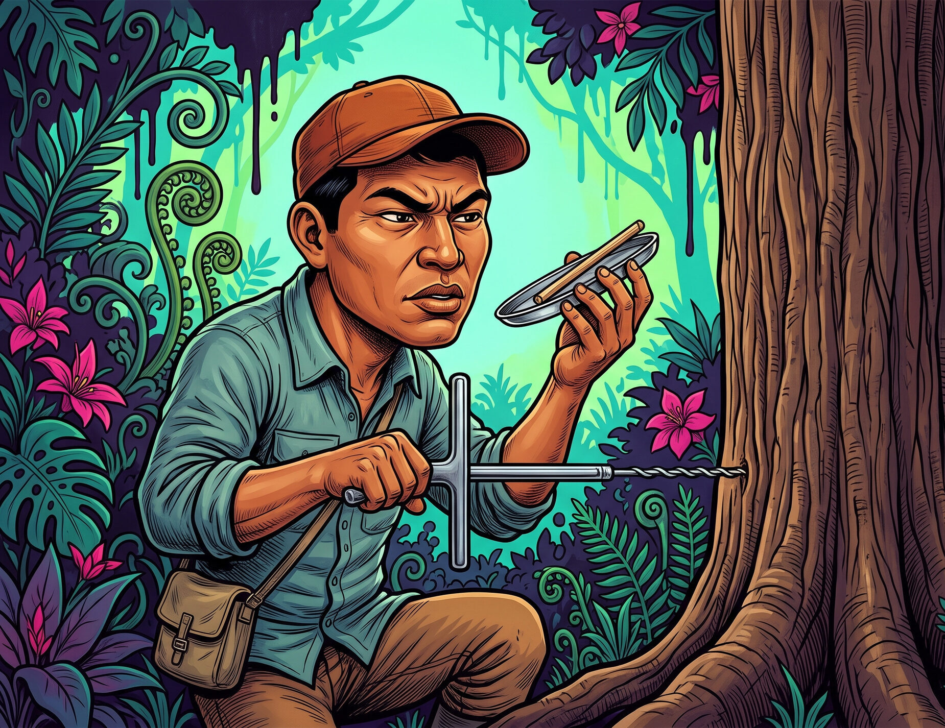 A Costa Rican forest technician cranks an increment borer into a large living trunk and studies the pencil-thin wood core in its extractor tray, the non-destructive way to measure a tree's wood density.