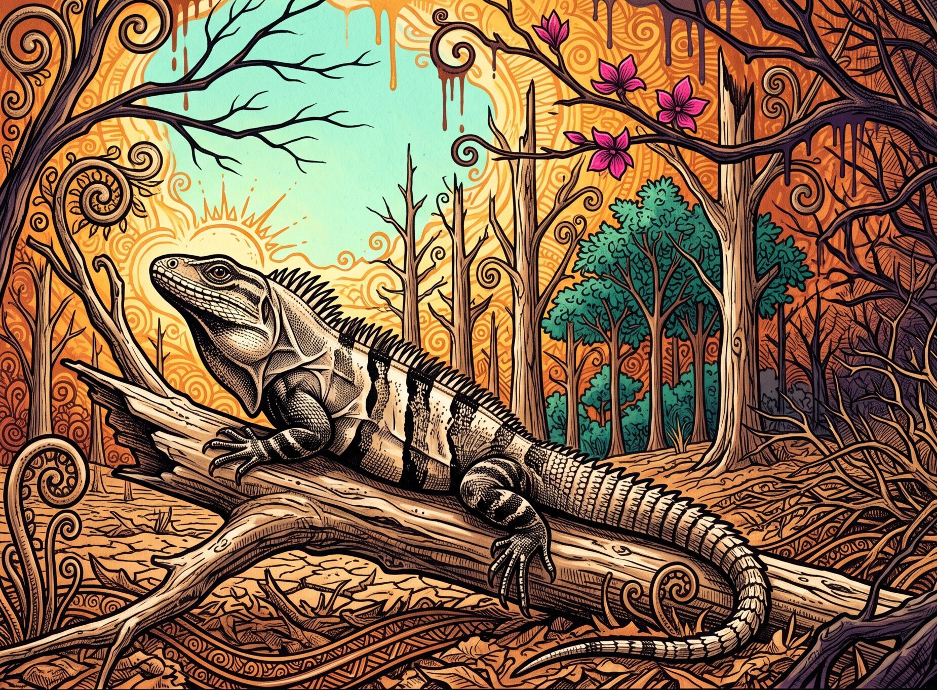 A black spiny-tailed iguana basks on a bare dead trunk in a drought-struck Guanacaste dry forest of standing grey dead trees, a band of green survivors beyond, the mortality a one-time carbon count never records.