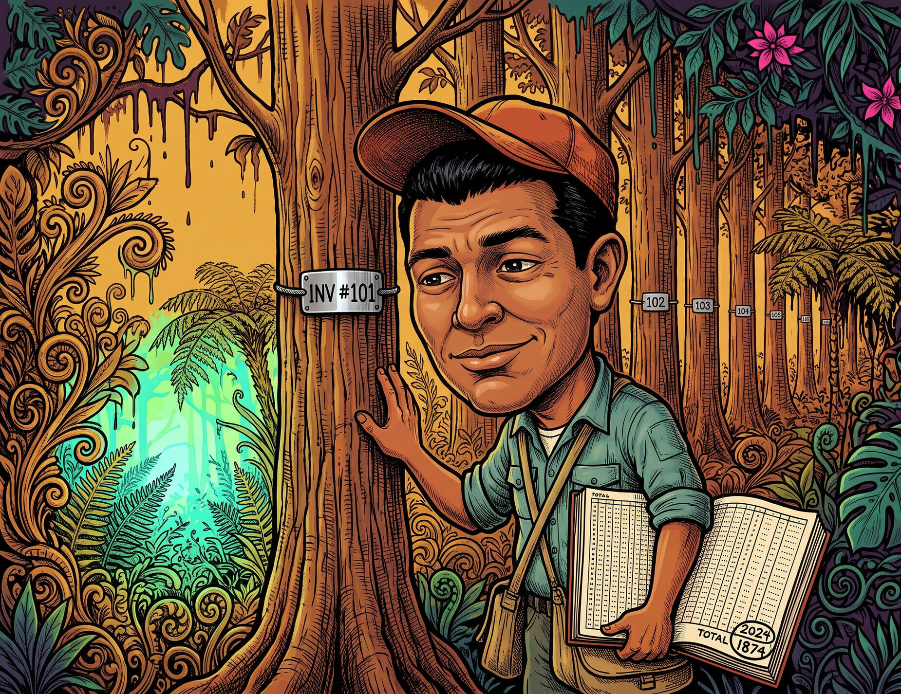 A forest-inventory technician stands among big trunks tagged with sequential inventory numbers, holding a ledger whose columns of tallied trees funnel into one circled total, the single reported carbon number built on borrowed densities.
