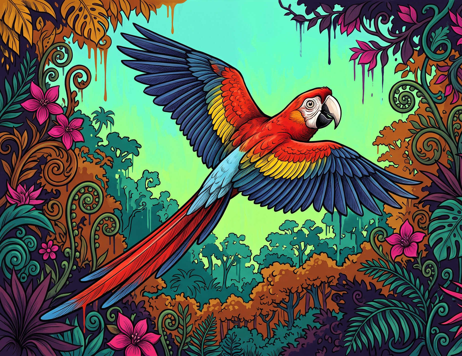 A scarlet macaw flies across a single Osa forest that steps from ridge crest down through slope to floodplain, the one forest whose wood density runs five to one from the featherweight peine de mico to the nazareno.