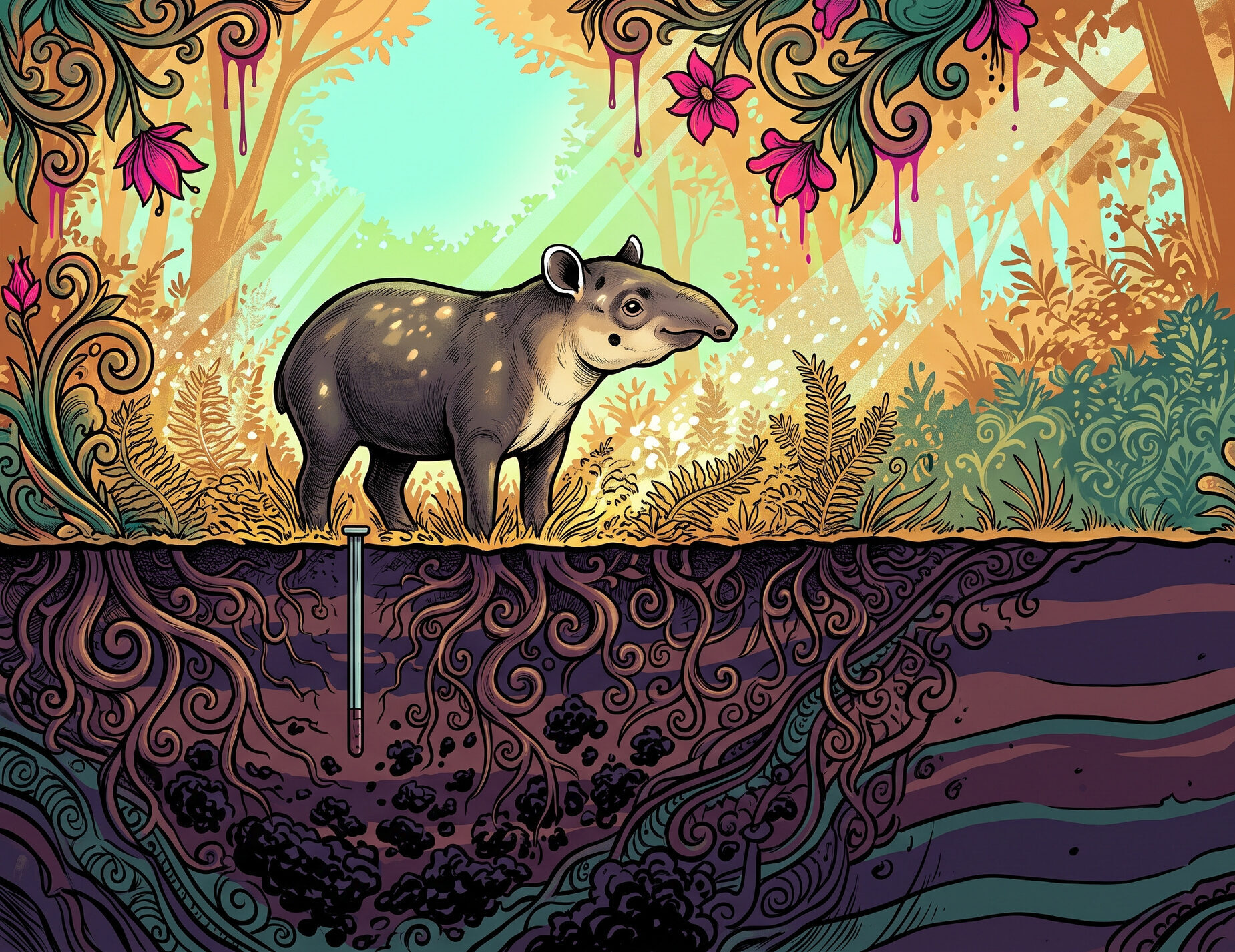 A cutaway of the forest floor: a Baird's tapir stands in sun-dappled understory above, while below the surface a deep soil column holds most of the buried carbon far down, beyond the reach of the shallow inventory soil core.
