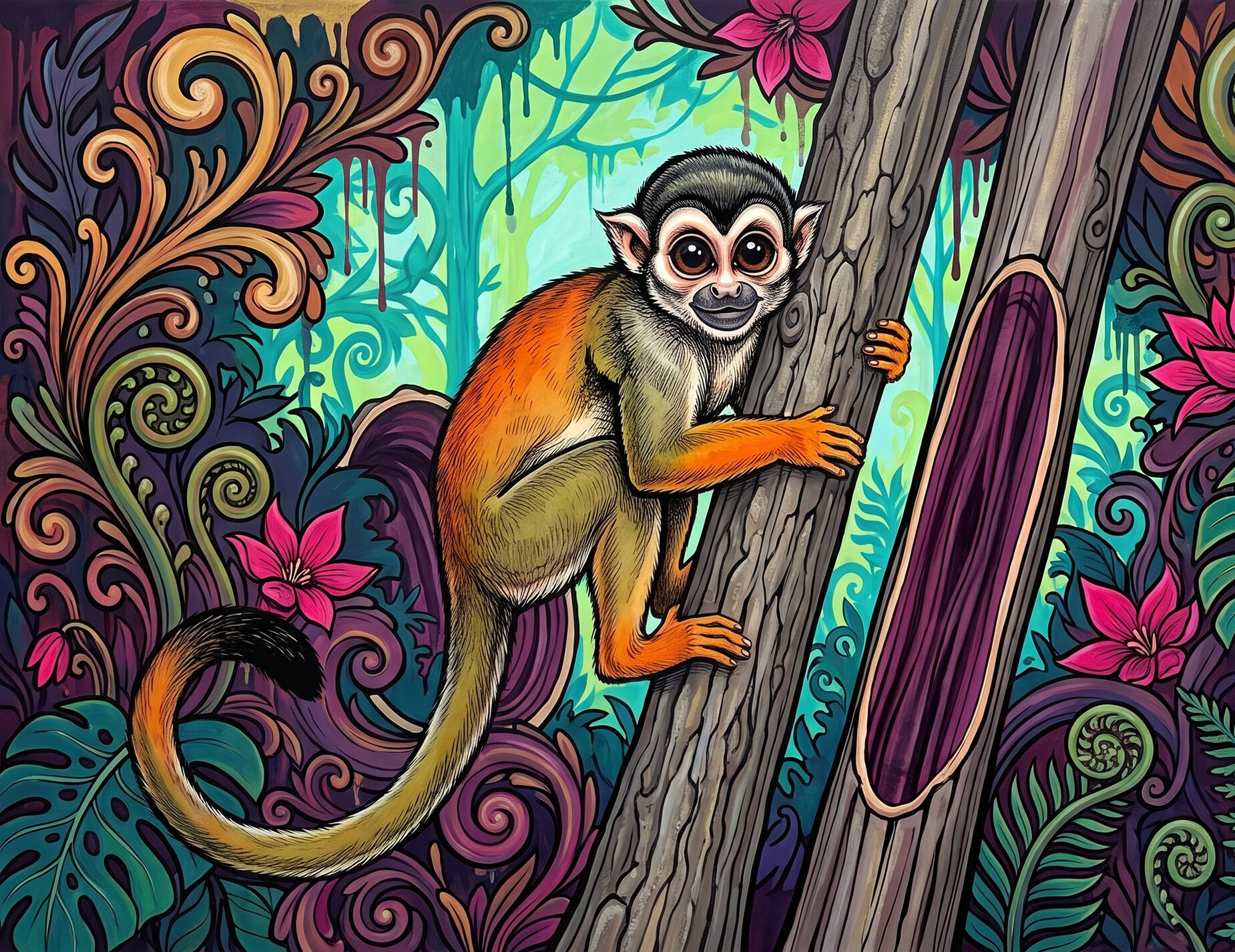 A red-backed squirrel monkey clings between two forest trunks that look alike from the trail; one is cut open to reveal dense deep-purple heartwood, the marker of a tree that holds far more carbon than its neighbor.