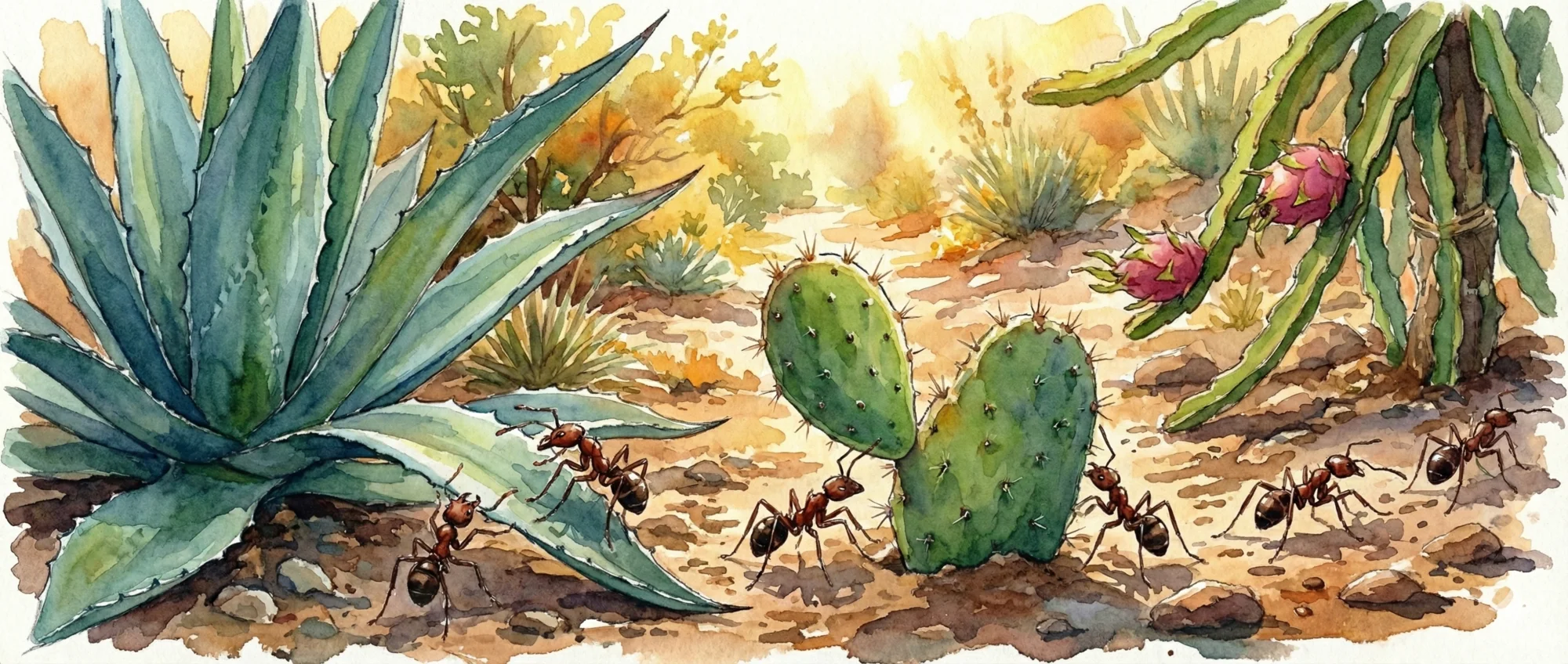 Watercolor illustration of agave and cactus plants untouched by leaf-cutter ants