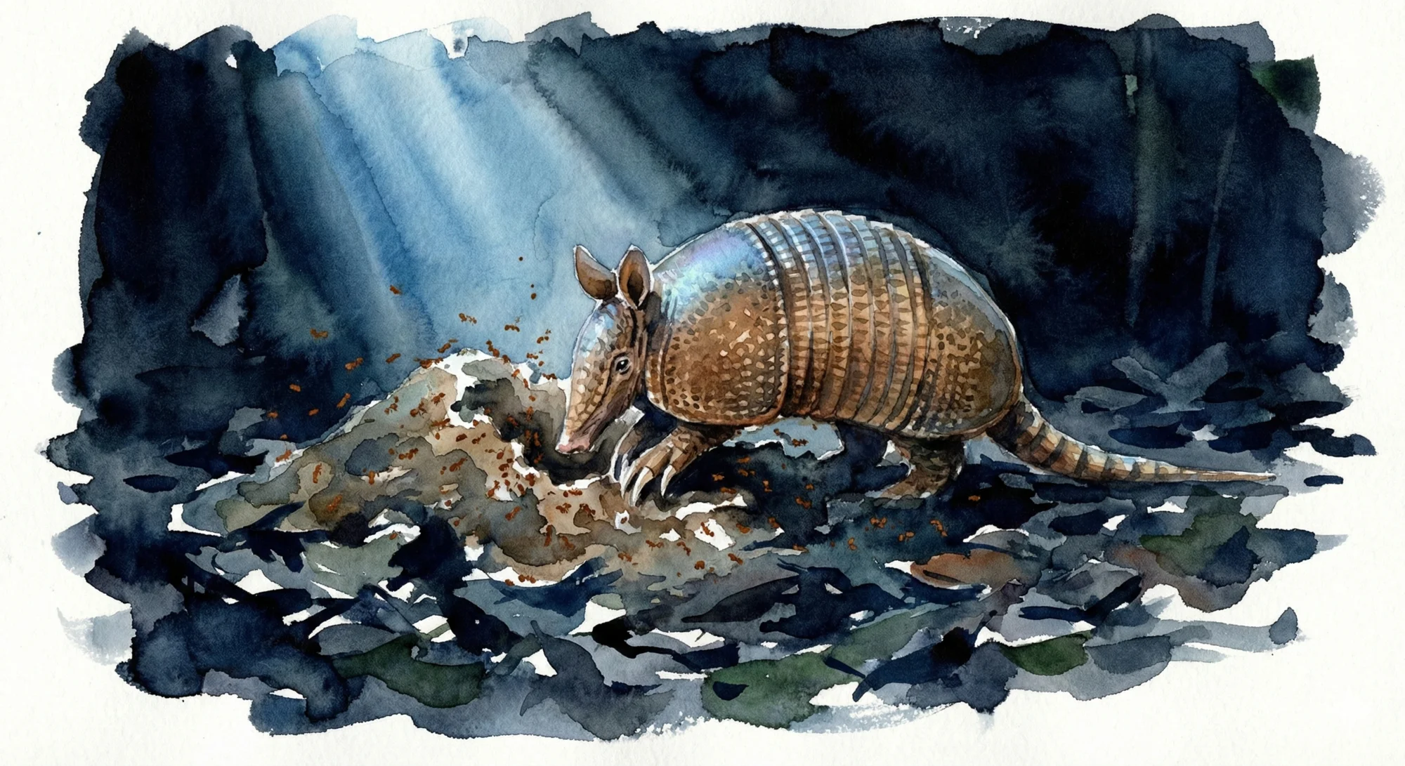 Watercolor illustration of a nine-banded armadillo digging into a leaf-cutter ant mound at night
