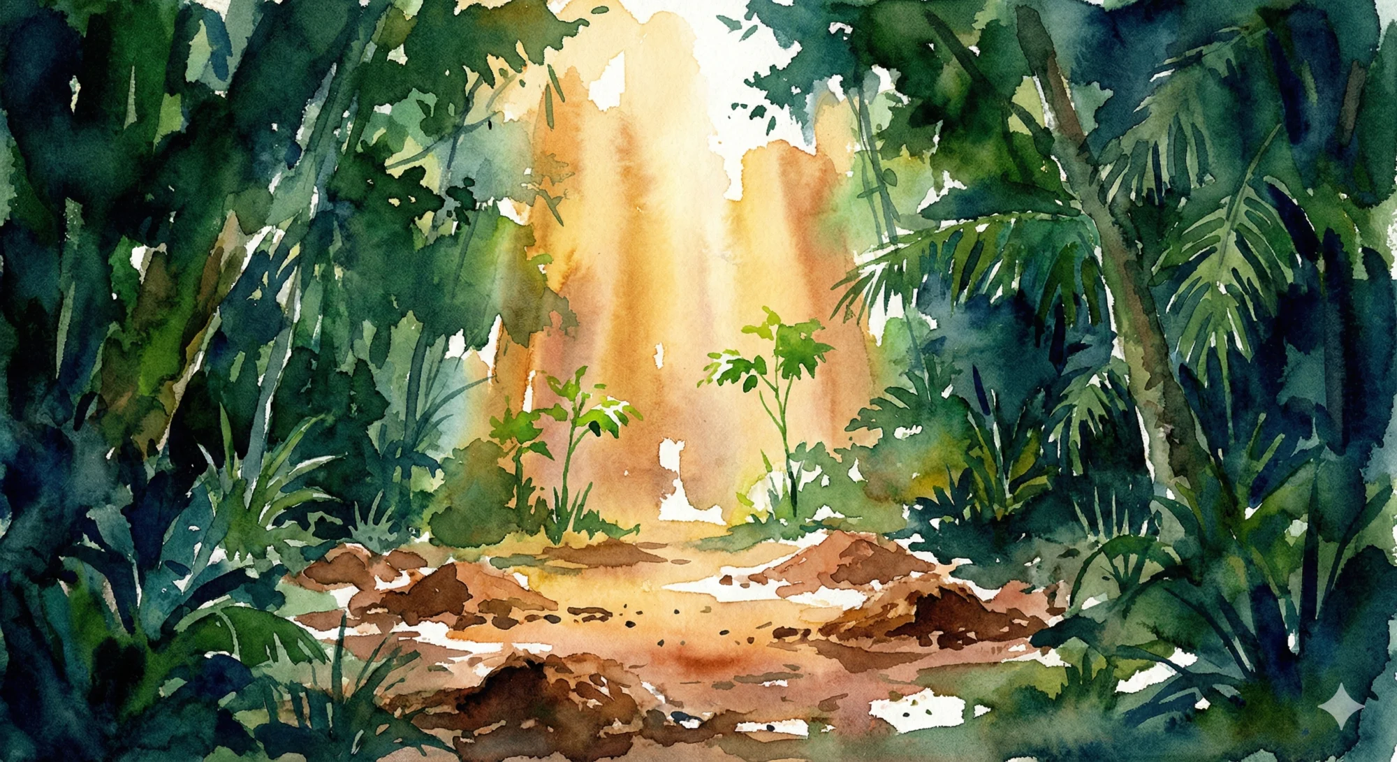 Watercolor illustration of sunlight pouring through a gap in the tropical forest canopy onto the bare earth of a leaf-cutter ant nest