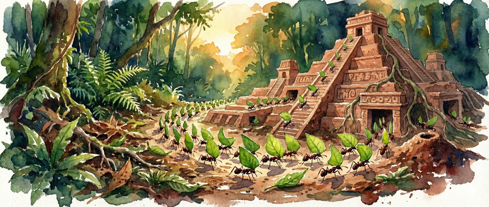 Watercolor illustration of leaf-cutter ants carrying leaf fragments along cleared trails toward a pyramid-like nest mound in a tropical forest
