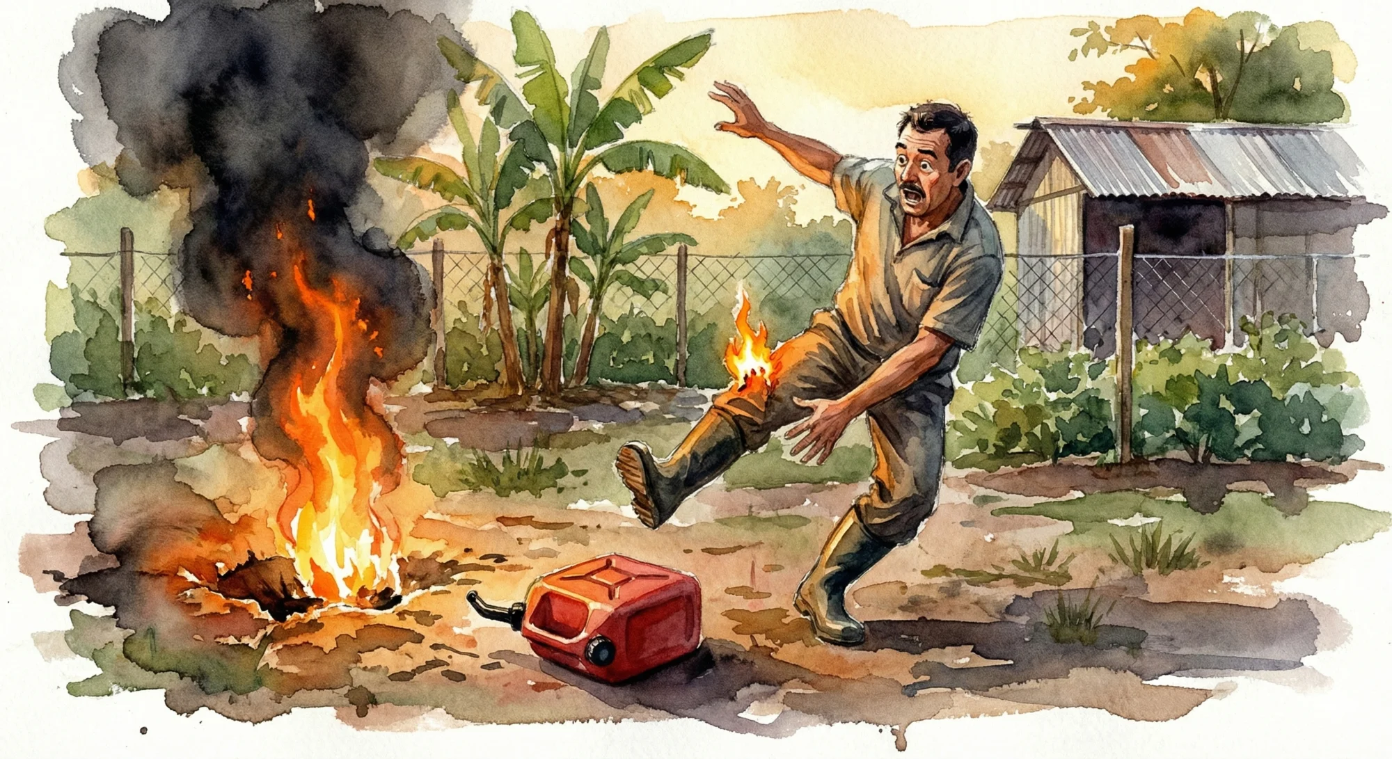 Watercolor illustration of a farmer stumbling back from a flaming ant nest with his pant leg on fire