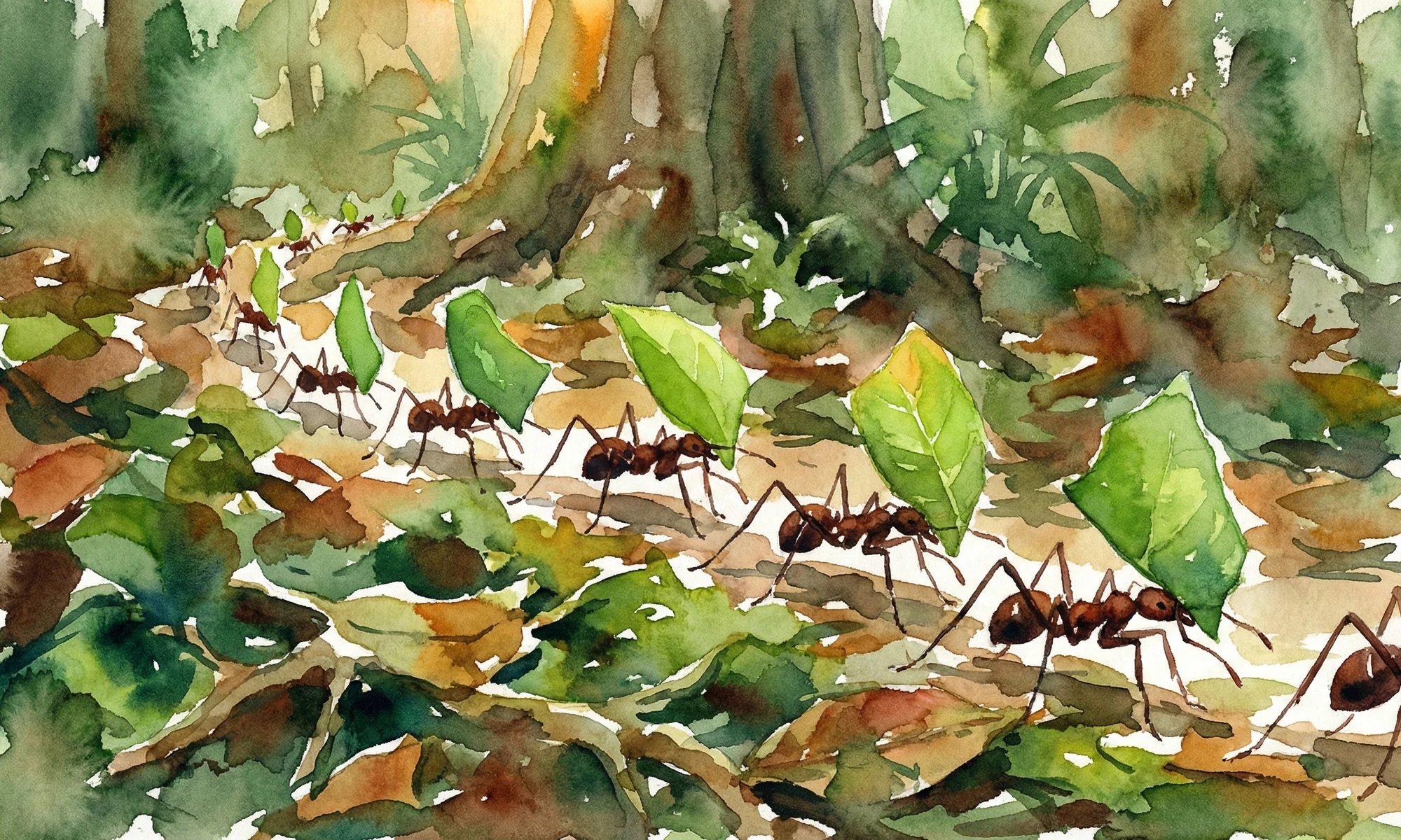 Watercolor illustration of leaf-cutter ants carrying bright green leaf fragments along a forest floor trail