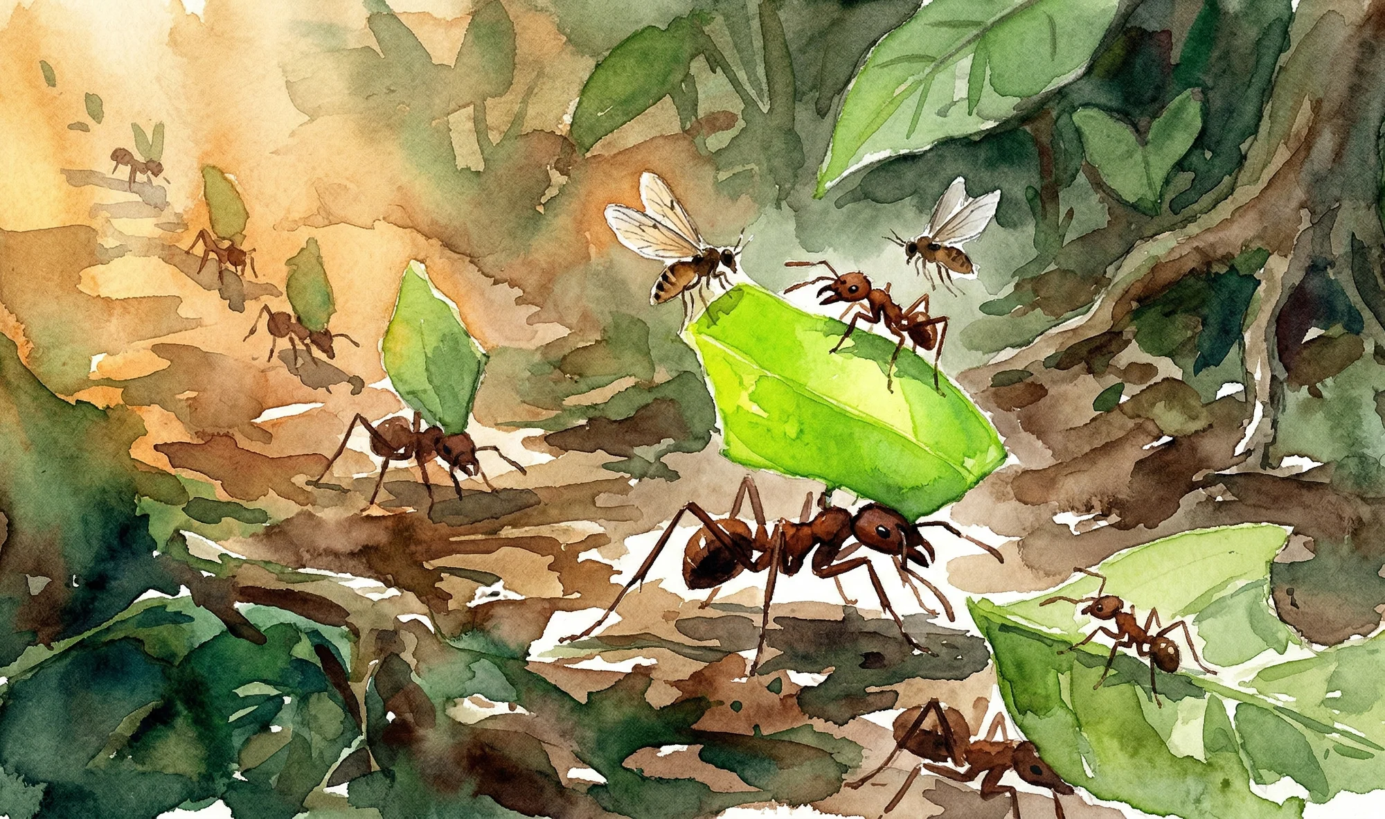 Watercolor illustration of a leaf-cutter ant carrying a leaf fragment while small phorid flies hover above and a minim ant rides on the leaf as a bodyguard