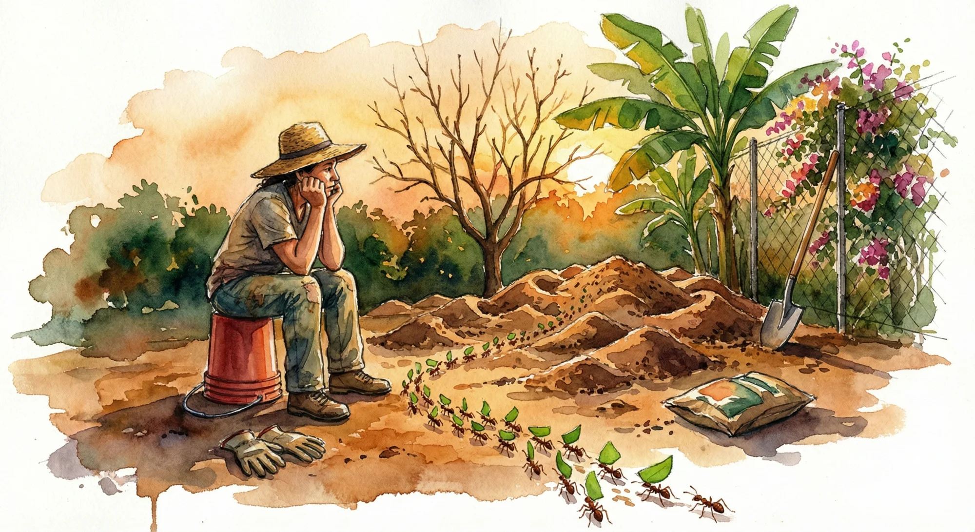 Watercolor illustration of a gardener sitting defeated on an overturned bucket, staring at a leaf-cutter ant mound while ants march past carrying leaf fragments