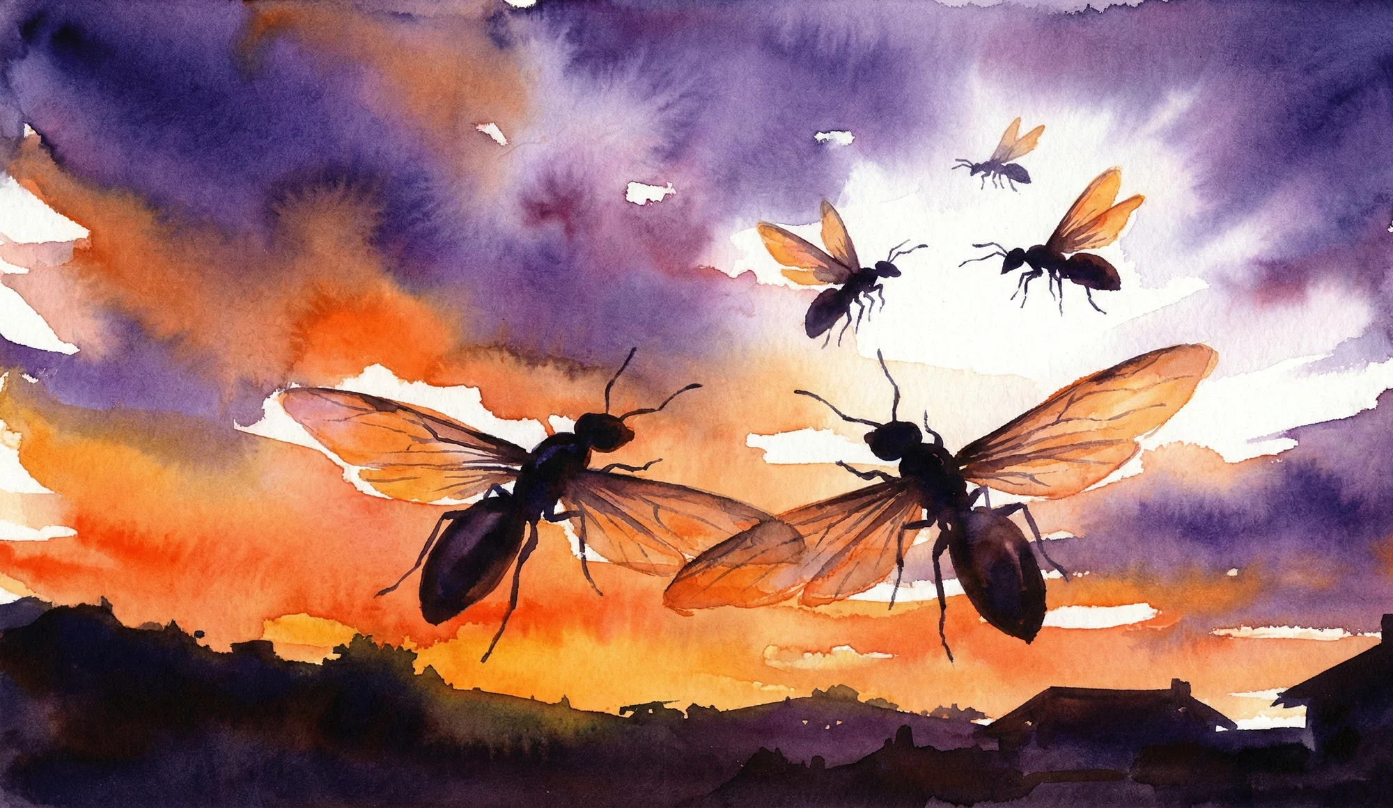Watercolor illustration of winged leaf-cutter ant queens silhouetted against a tropical sunset during their nuptial flight