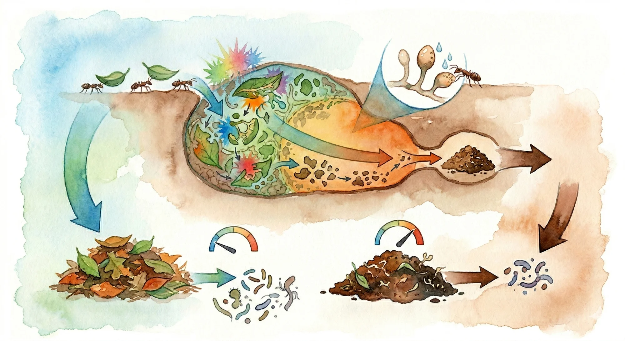 Watercolor diagram showing the nutrient cycling process in a leaf-cutter ant colony: leaves entering the nest, fungal garden processing, refuse decomposition, and nutrients returning to the soil