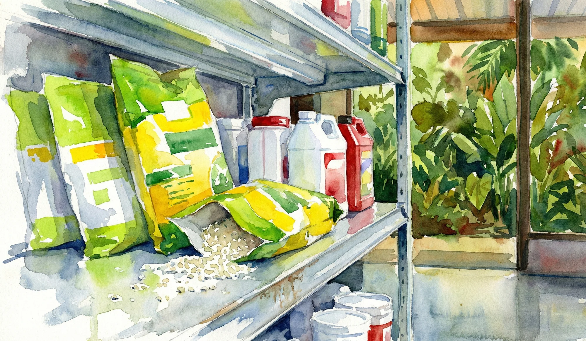 Watercolor illustration of bags and containers of ant poison on an agricultural supply store shelf, with a tropical garden visible through the doorway