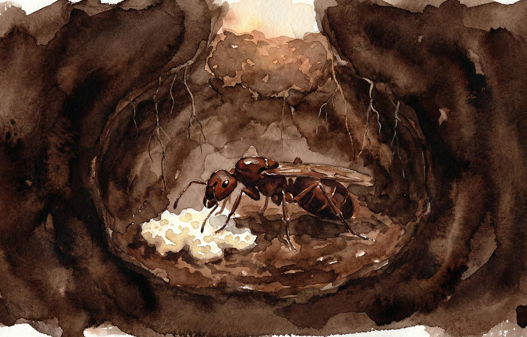 Watercolor illustration of a leaf-cutter ant queen alone in a small underground chamber, tending a tiny patch of fungus