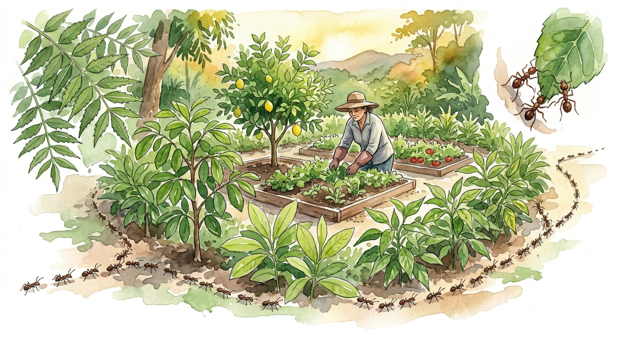 Watercolor illustration of a gardener tending raised beds surrounded by resistant buffer plantings, with a leaf-cutter ant trail flowing around the garden