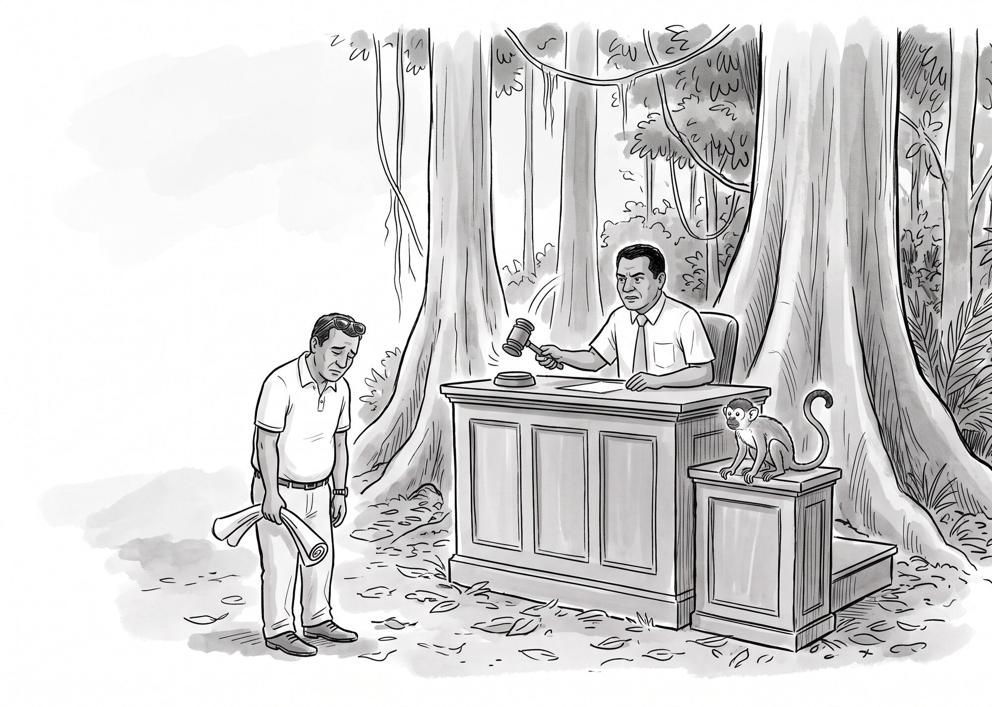 A court of law convened in the middle of towering primary rainforest: a magistrate in shirtsleeves brings down his gavel while a deflated developer stands below the bench clutching a wilting roll of survey plans, a squirrel monkey perched on the witness stand.