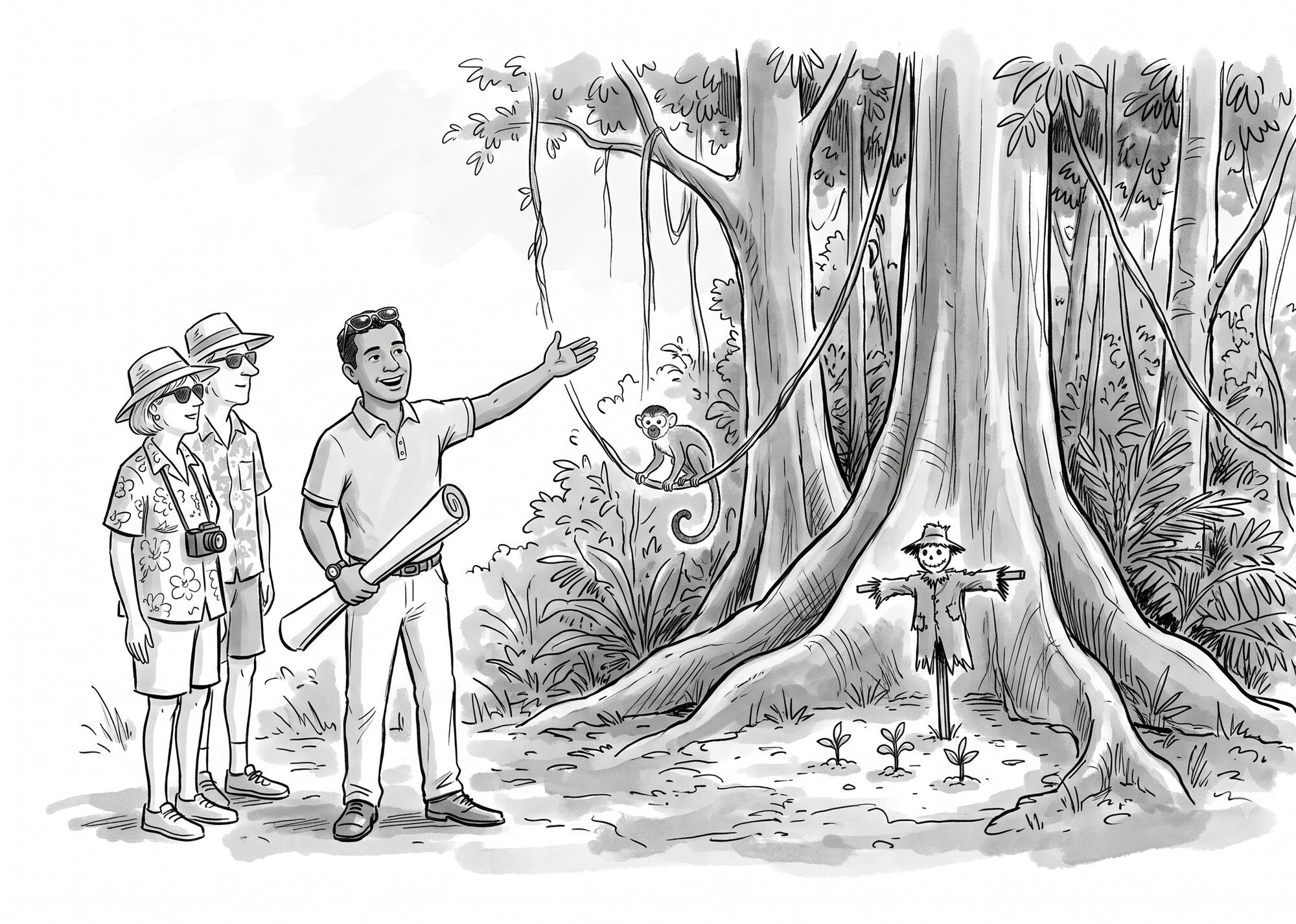 A real-estate agent sweeps his arm at towering primary rainforest, presenting it to a foreign tourist couple as a farm, the only sign of agriculture a lone scarecrow and a tiny row of seedlings dwarfed at the foot of a giant buttressed tree.