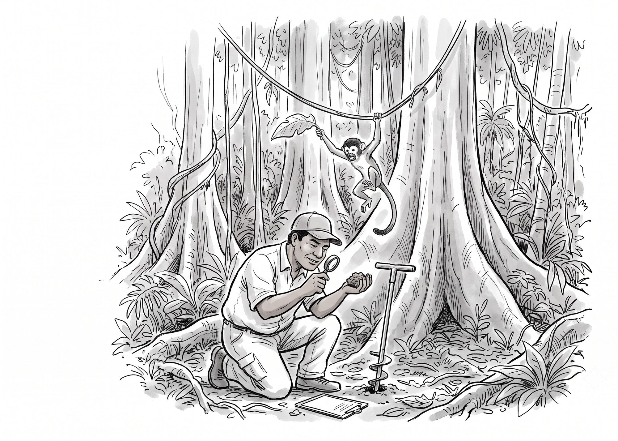 A municipal soil inspector kneels to examine a clod of earth through a magnifying loupe, a soil auger stuck in the ground beside him, while the giant primary rainforest towers overhead unexamined and a squirrel monkey dangles a leaf at him.