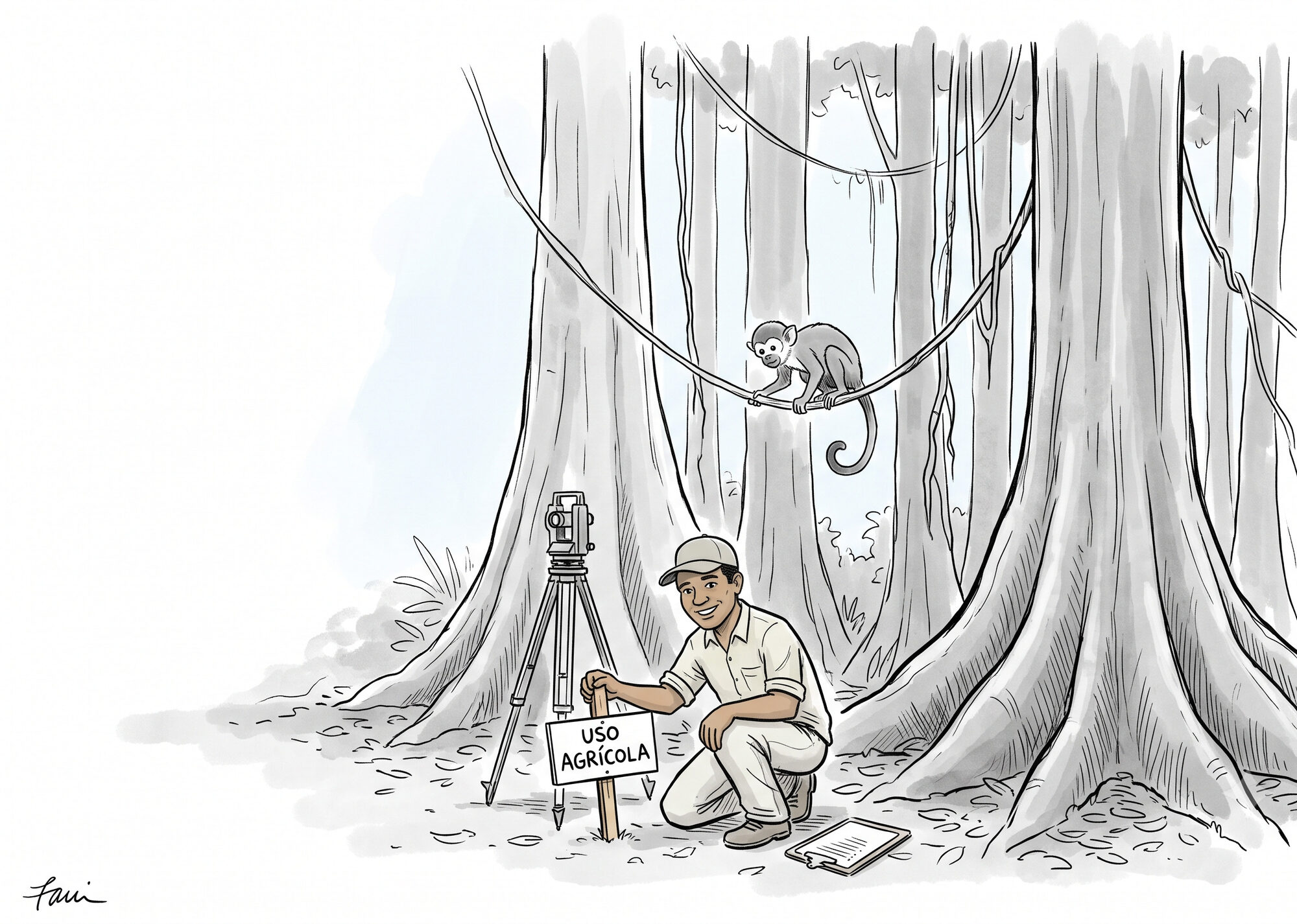 A surveyor kneels to plant a small "Uso Agrícola" sign at the foot of towering primary rainforest, a squirrel monkey watching from a vine overhead.