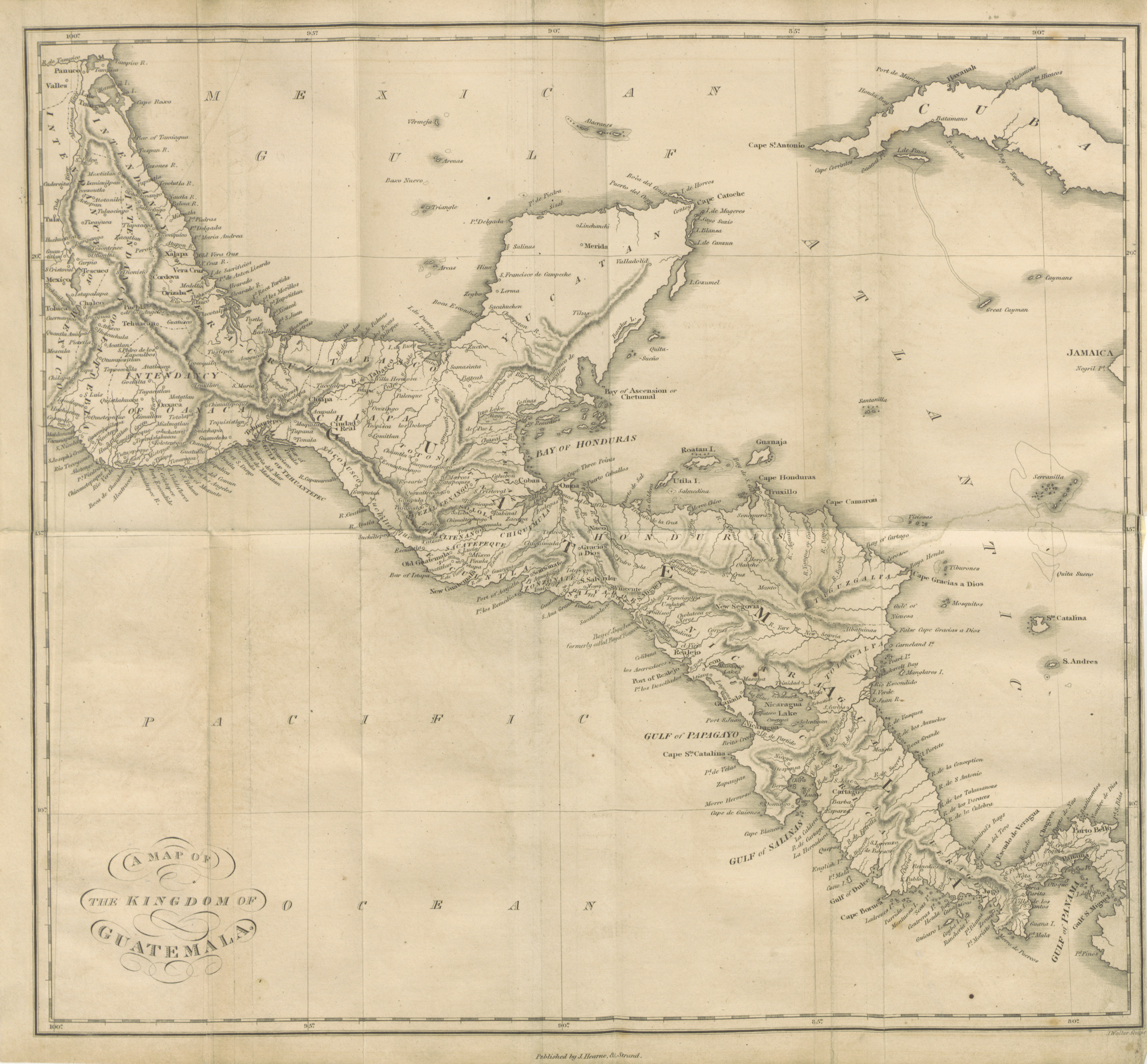 1823 map showing the Kingdom of Guatemala including Costa Rica