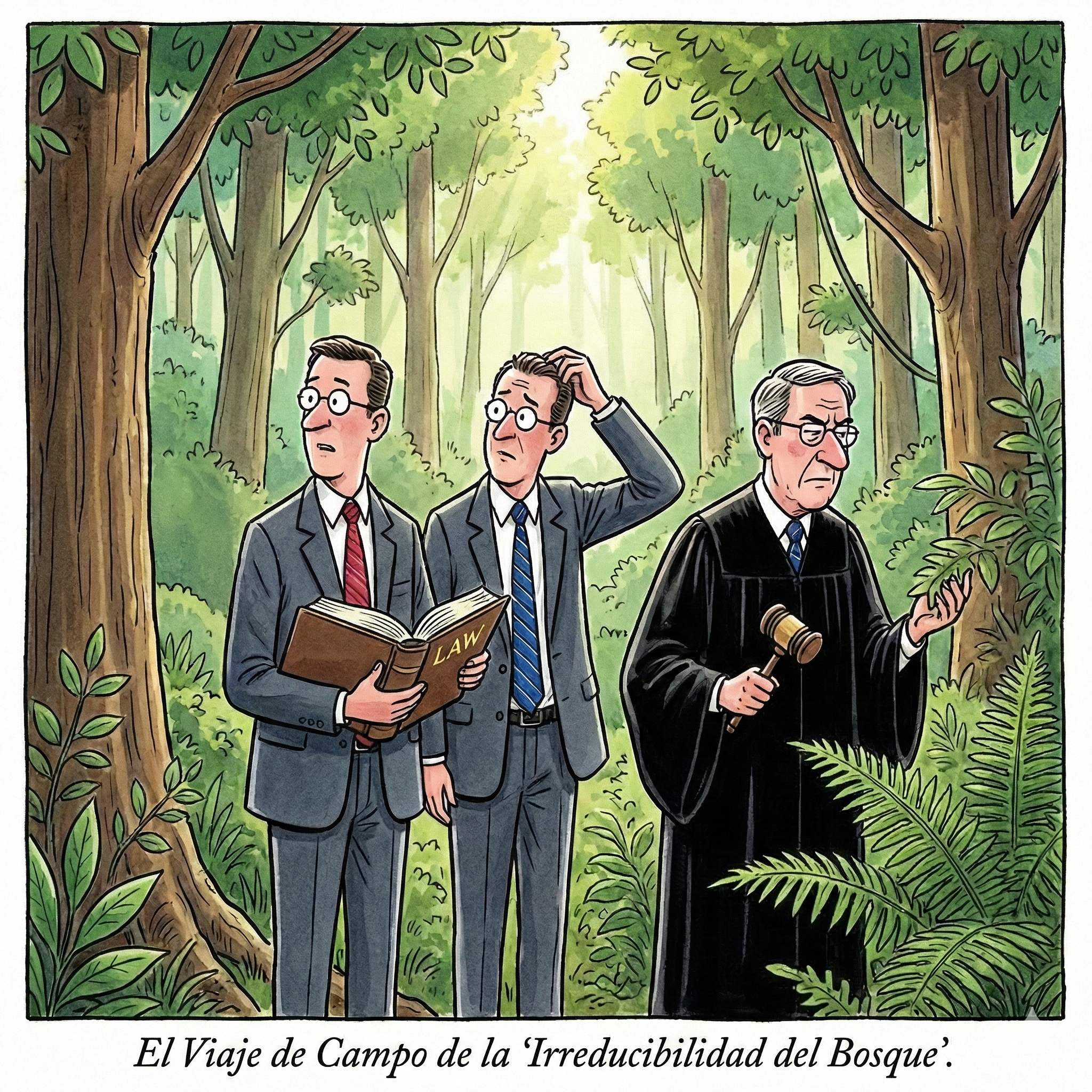 Comic illustration: three lawyers standing in a forest, looking confused while holding law books and a gavel